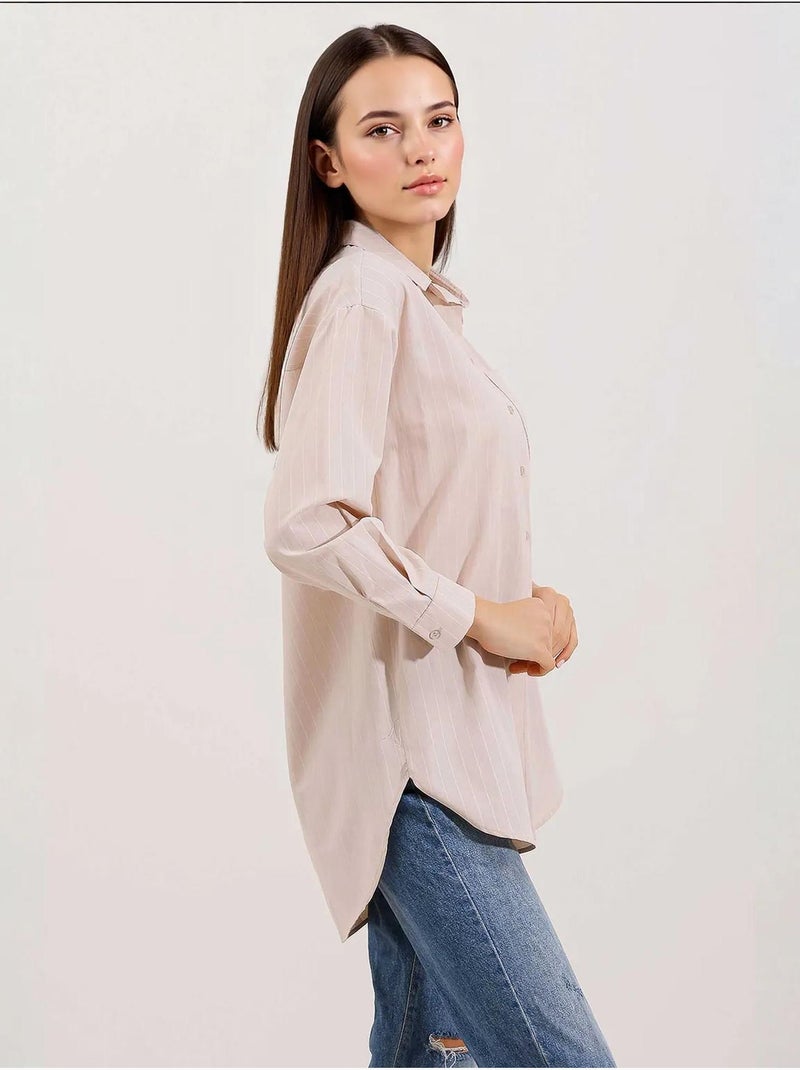 Camisa oversize às riscas com detalhe de bolso bdart Bege-argila - Kiabi