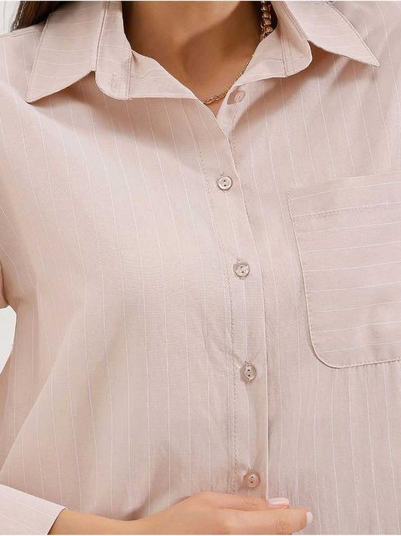 Camisa oversize às riscas com detalhe de bolso bdart Bege-argila - Kiabi