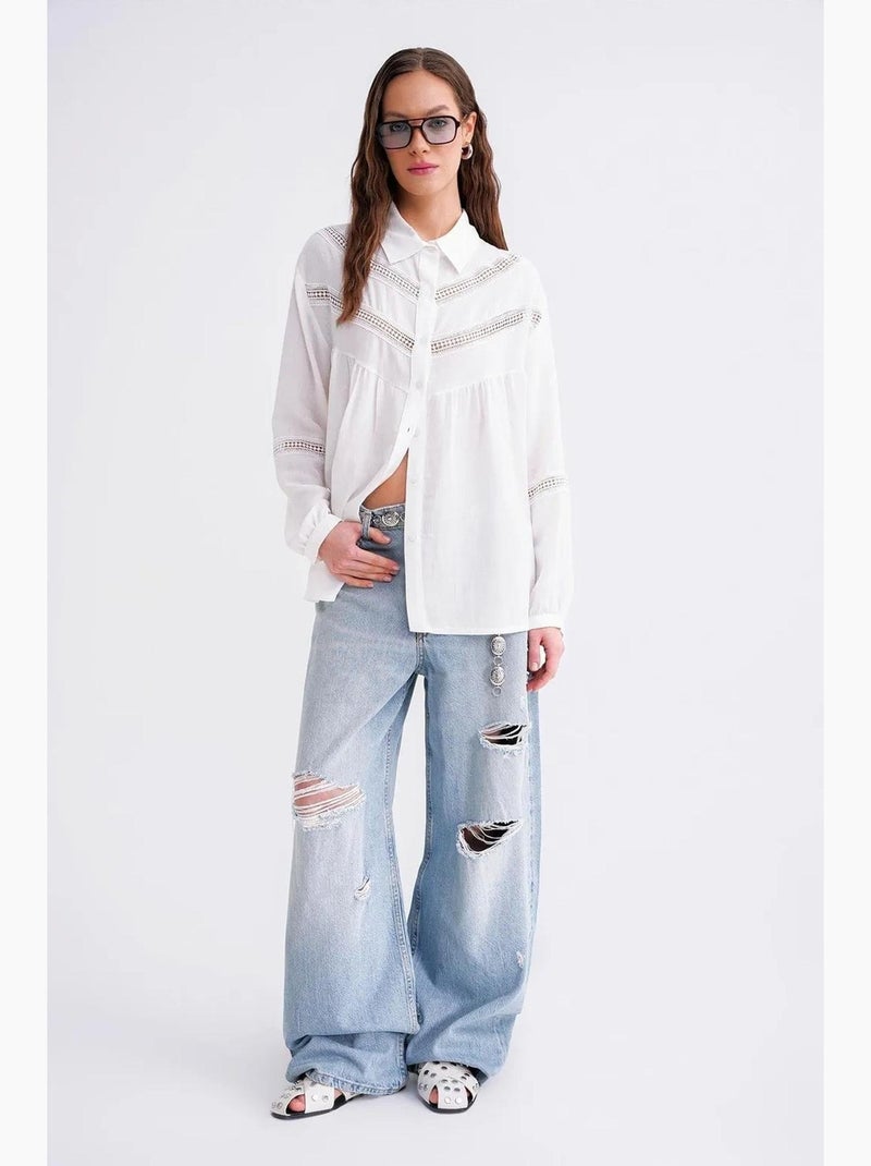 Camisa oversize com bordado em renda mixray Branco - Kiabi