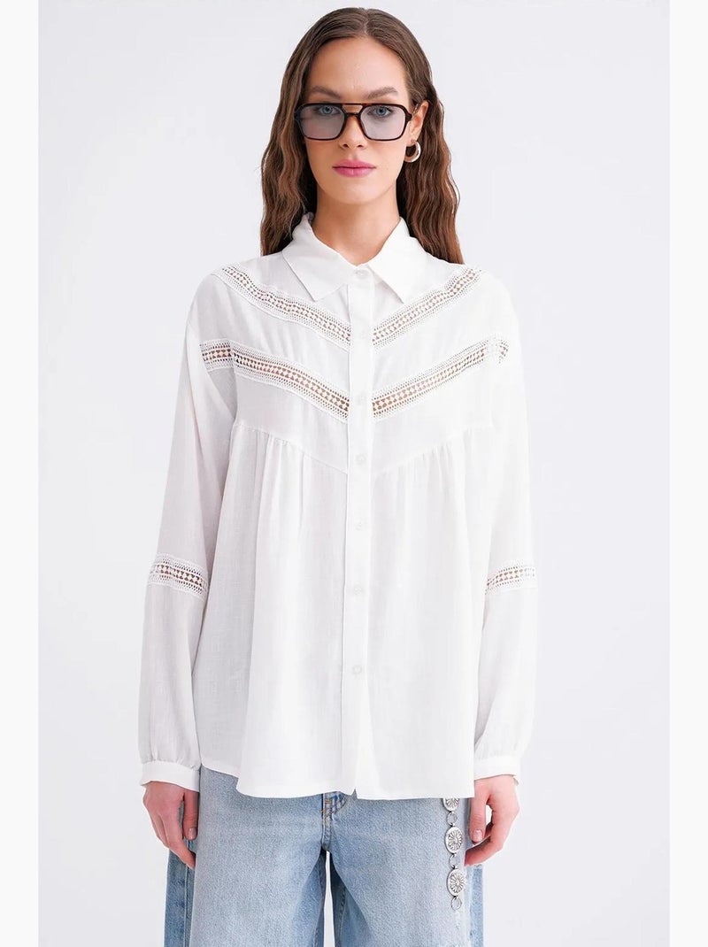 Camisa oversize com bordado em renda mixray Branco - Kiabi