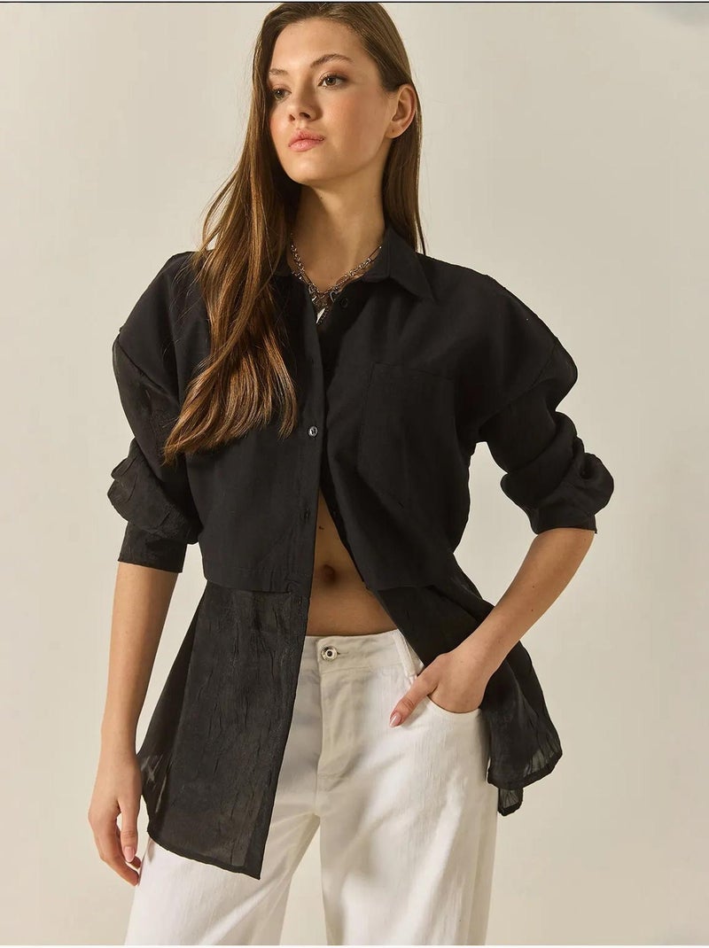 Camisa oversize com detalhes em tule e organza lucci Preto - Kiabi