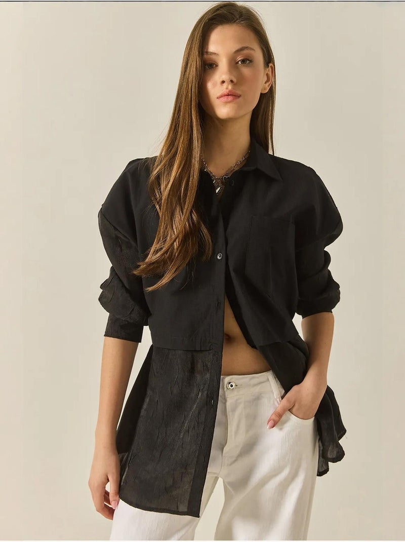 Camisa oversize com detalhes em tule e organza lucci Preto - Kiabi
