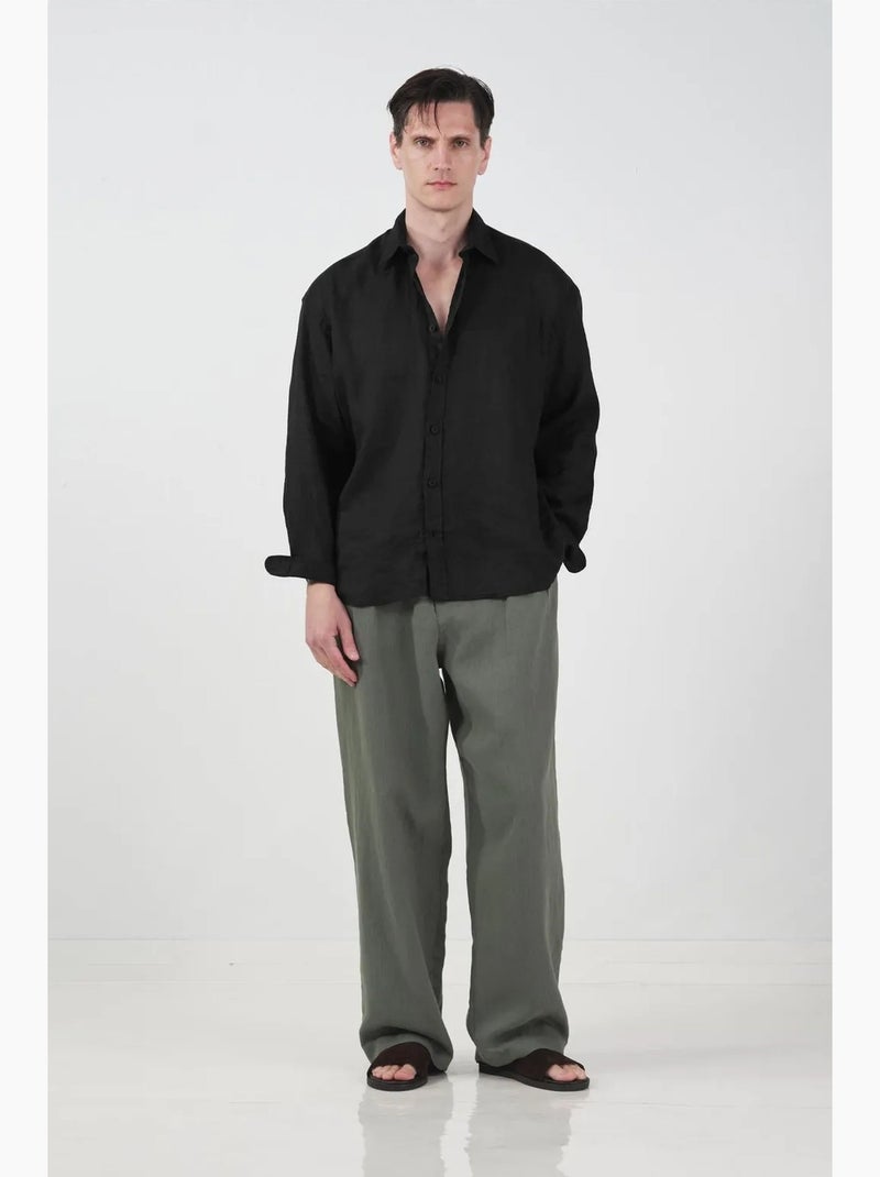 Camisa oversize de linho com botões giesto Preto - Kiabi