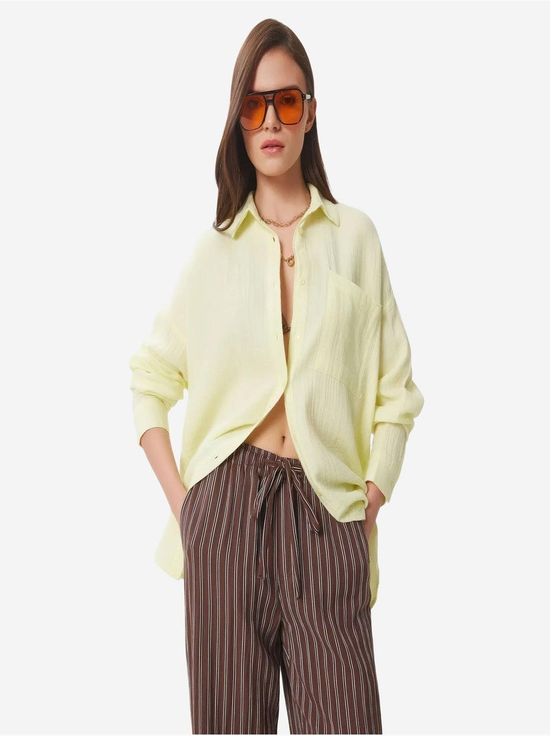 Camisa oversize em algodão texturado com bolso istanbul Amarelo-limão - Kiabi