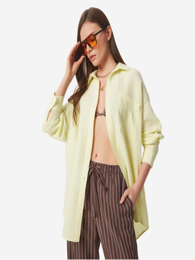 Camisa oversize em algodão texturado com bolso istanbul Amarelo-limão - Kiabi