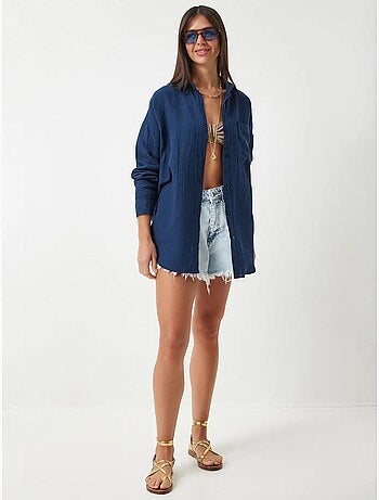 Camisa oversize em algodão texturado com bolso istanbul