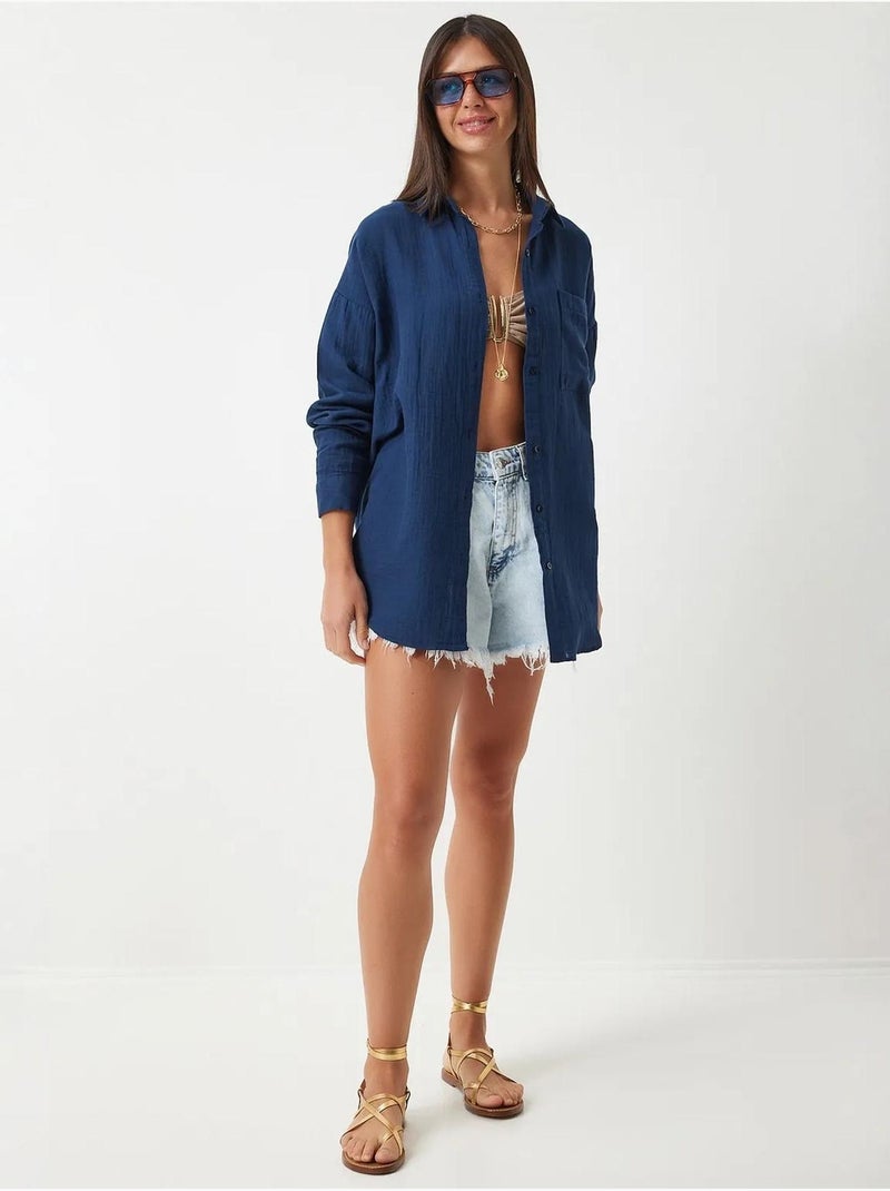 Camisa oversize em algodão texturado com bolso istanbul Azul-marinho - Kiabi