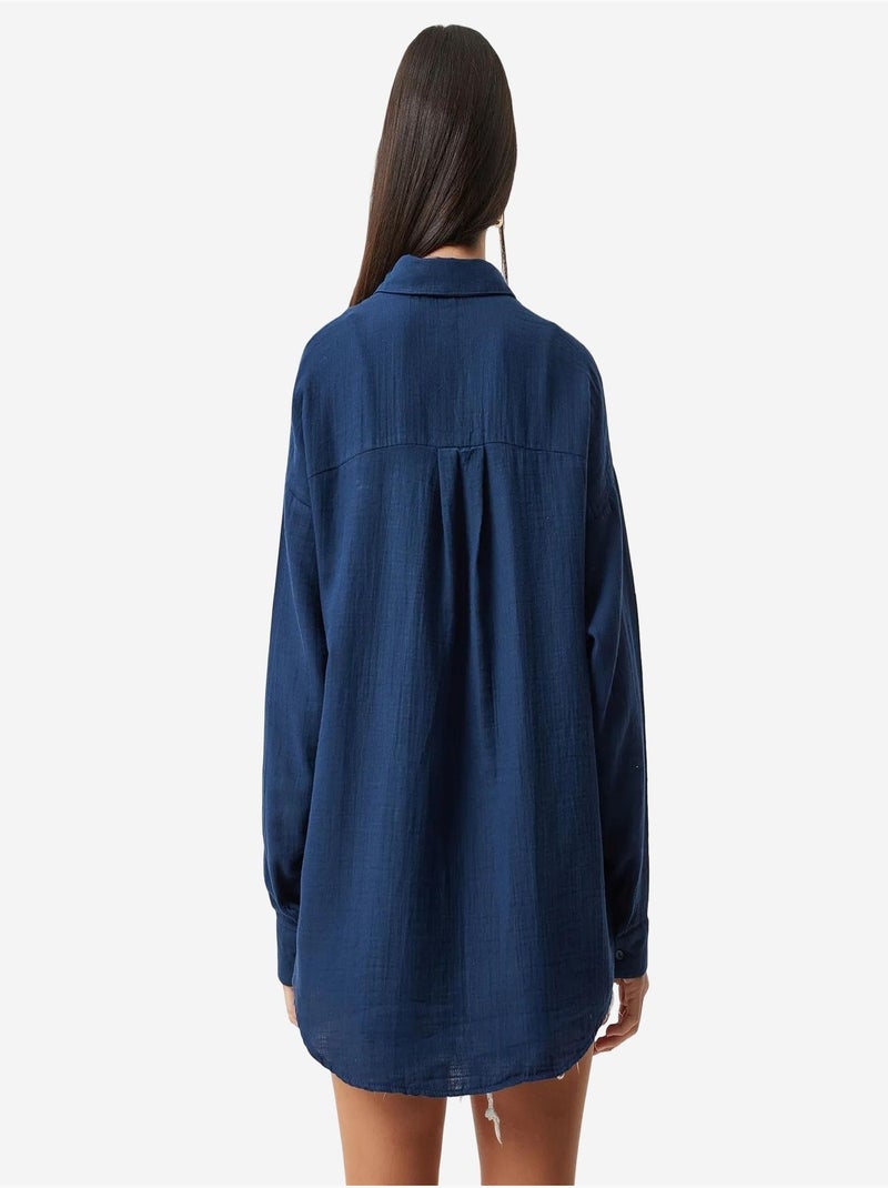 Camisa oversize em algodão texturado com bolso istanbul Azul-marinho - Kiabi