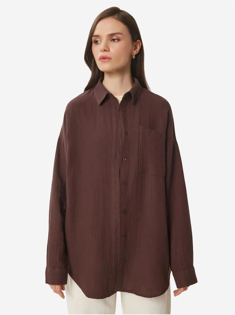 Camisa oversize em algodão texturado com bolso istanbul Castanho-chocolate - Kiabi