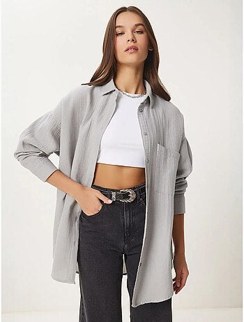 Camisa oversize em algodão texturado com bolso istanbul