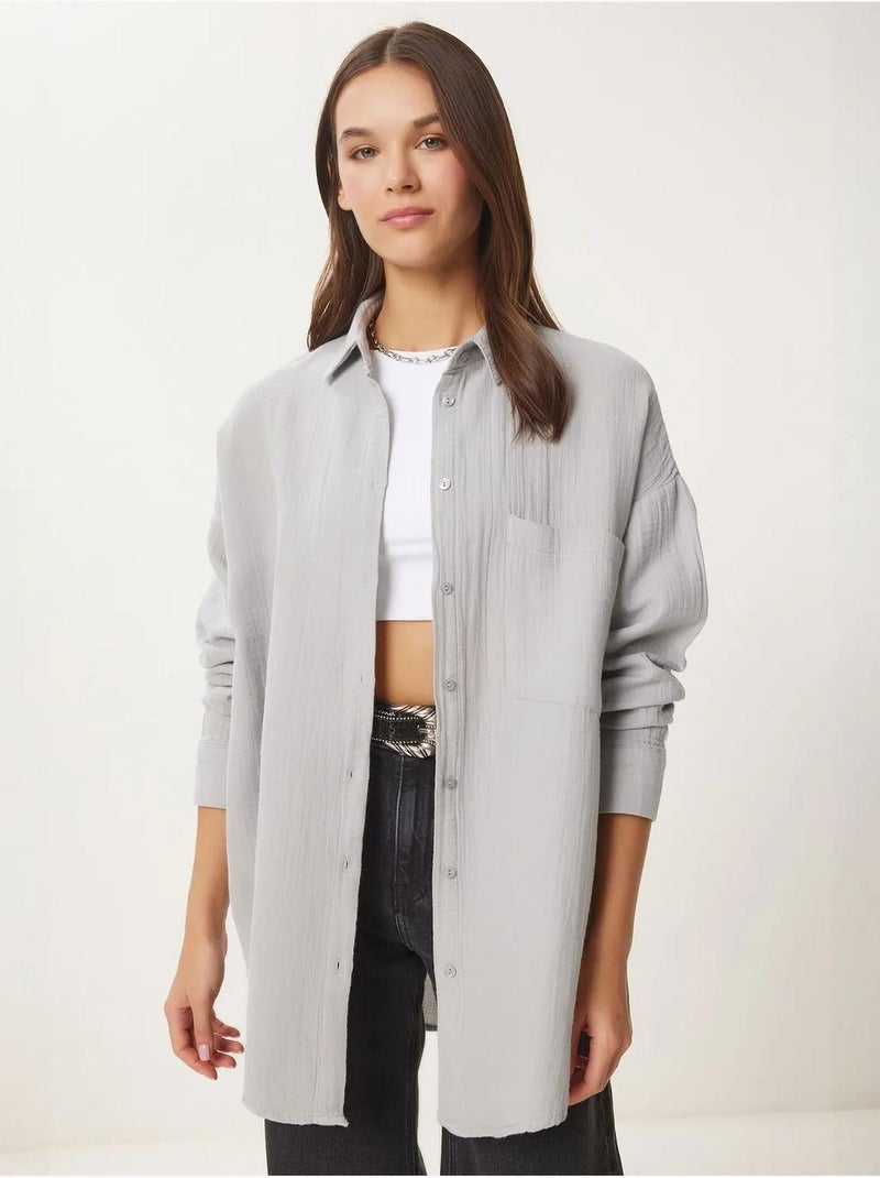 Camisa oversize em algodão texturado com bolso istanbul Cinza claro - Kiabi