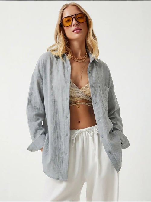 Camisa oversize em algodão texturado com bolso istanbul - Kiabi Camisa oversize em algodão texturado com bolso istanbul - Kiabi