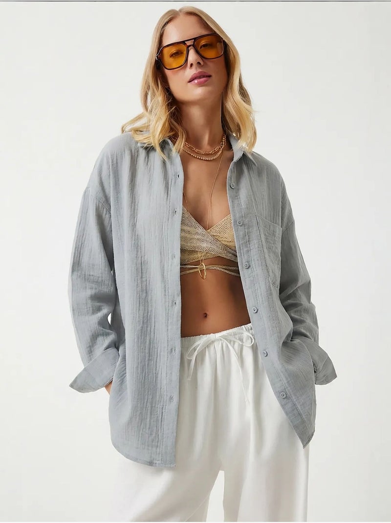 Camisa oversize em algodão texturado com bolso istanbul Cinza pérola - Kiabi