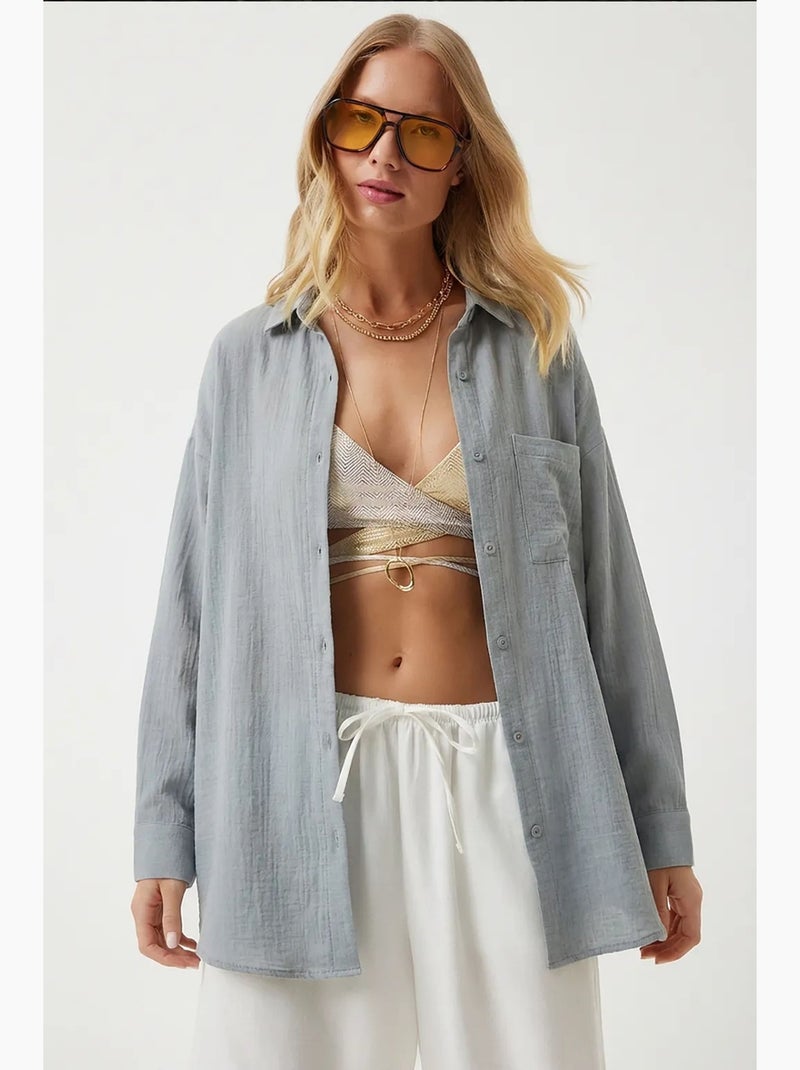 Camisa oversize em algodão texturado com bolso istanbul Cinza pérola - Kiabi