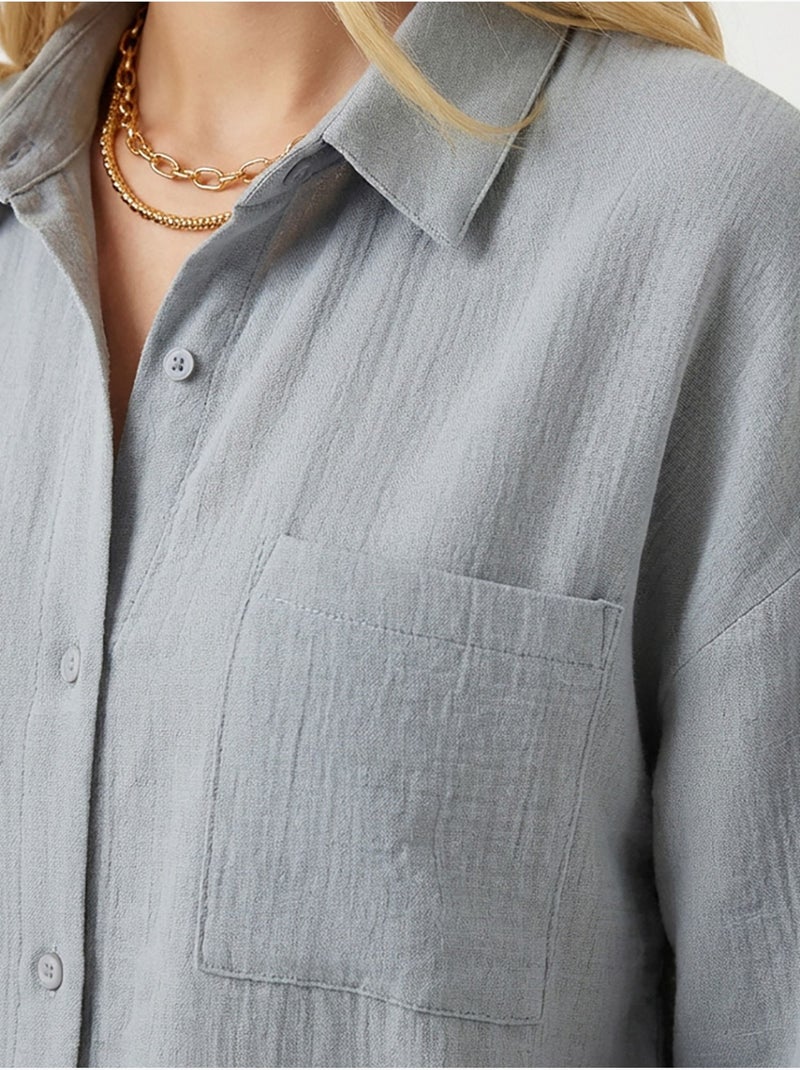 Camisa oversize em algodão texturado com bolso istanbul Cinza pérola - Kiabi