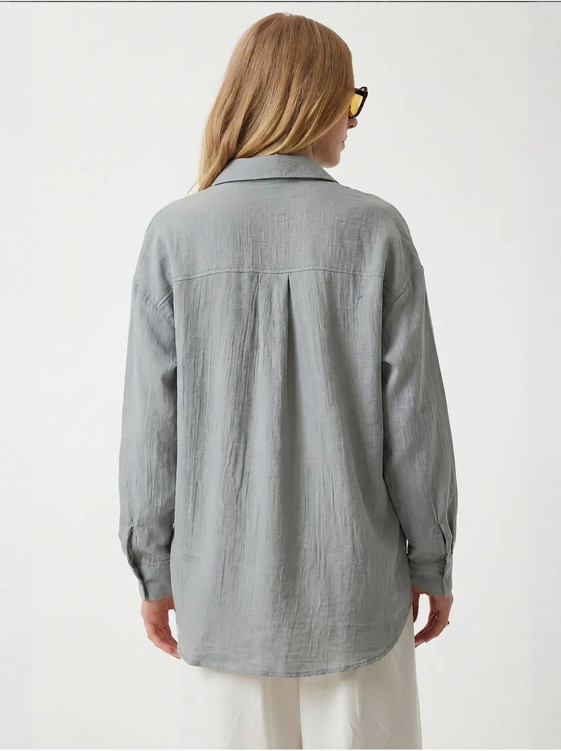 Camisa oversize em algodão texturado com bolso istanbul Cinza pérola - Kiabi