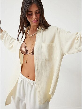 Camisa oversize em algodão texturado com bolso istanbul