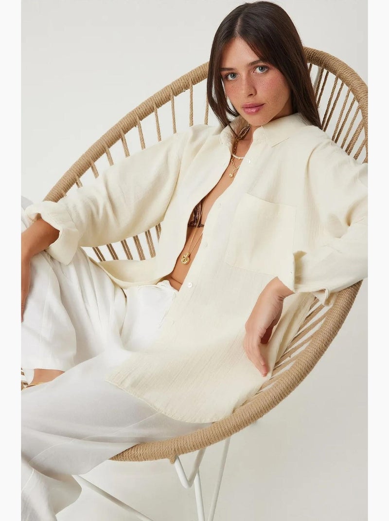 Camisa oversize em algodão texturado com bolso istanbul Creme - Kiabi