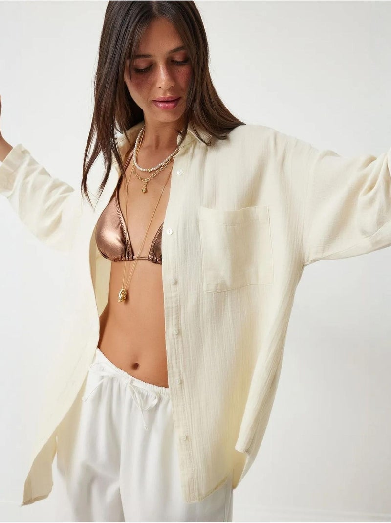 Camisa oversize em algodão texturado com bolso istanbul Creme - Kiabi