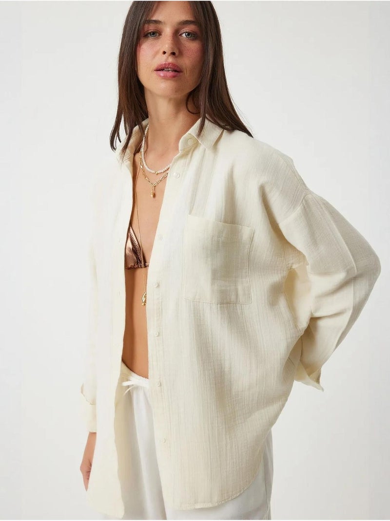 Camisa oversize em algodão texturado com bolso istanbul Creme - Kiabi