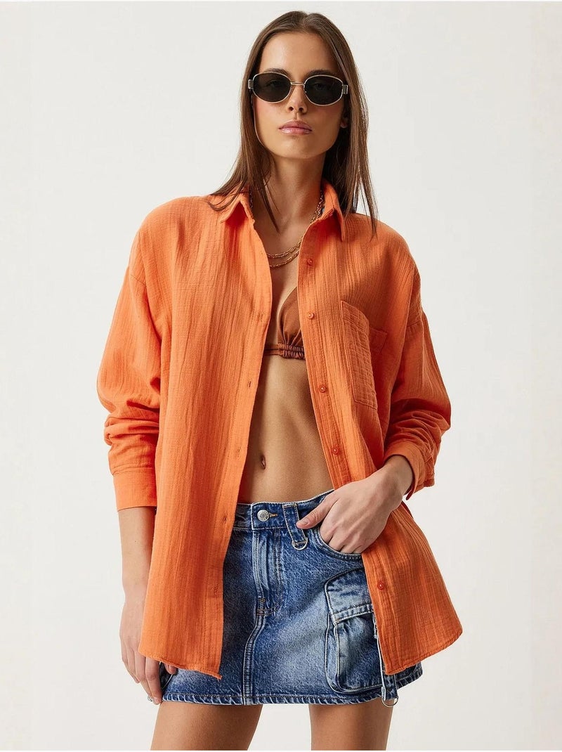 Camisa oversize em algodão texturado com bolso istanbul Laranja - Kiabi