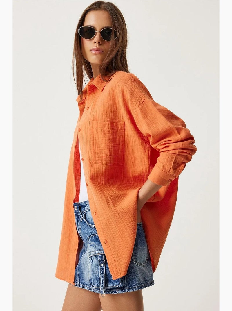 Camisa oversize em algodão texturado com bolso istanbul Laranja - Kiabi
