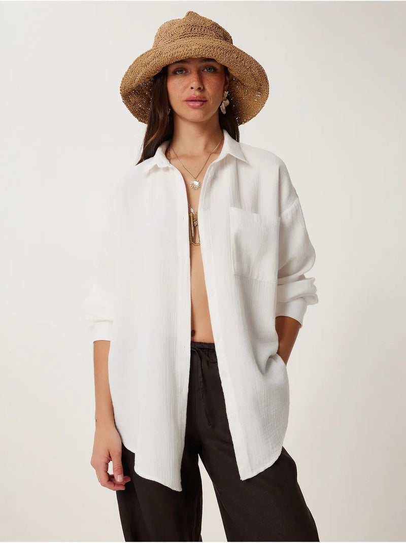 Camisa oversize em algodão texturado com bolso istanbul Marfim - Kiabi