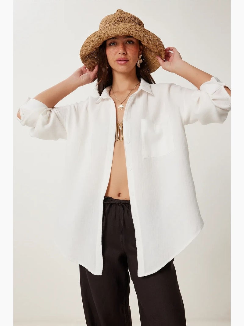 Camisa oversize em algodão texturado com bolso istanbul Marfim - Kiabi