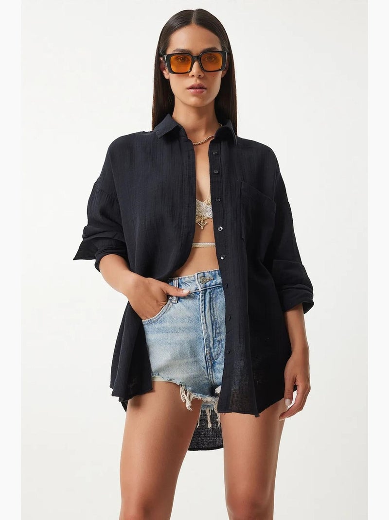 Camisa oversize em algodão texturado com bolso istanbul Preto - Kiabi