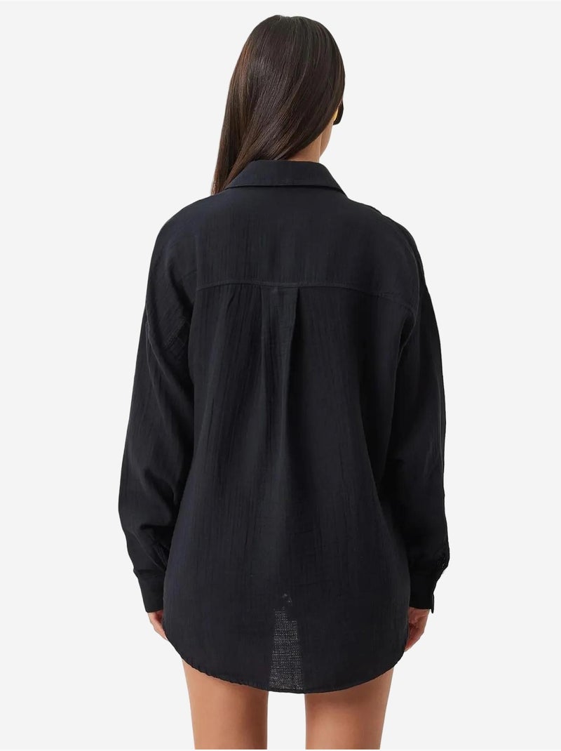Camisa oversize em algodão texturado com bolso istanbul Preto - Kiabi