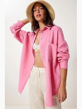 Camisa oversize em algodão texturado com bolso istanbul