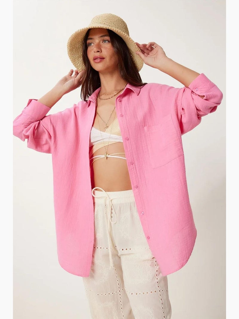 Camisa oversize em algodão texturado com bolso istanbul Rosa-fluo/Solinotes - Kiabi