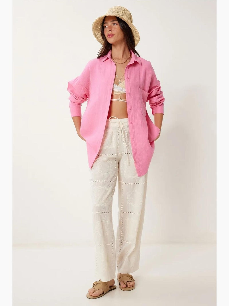 Camisa oversize em algodão texturado com bolso istanbul Rosa-fluo/Solinotes - Kiabi