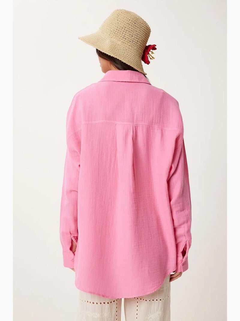 Camisa oversize em algodão texturado com bolso istanbul Rosa-fluo/Solinotes - Kiabi