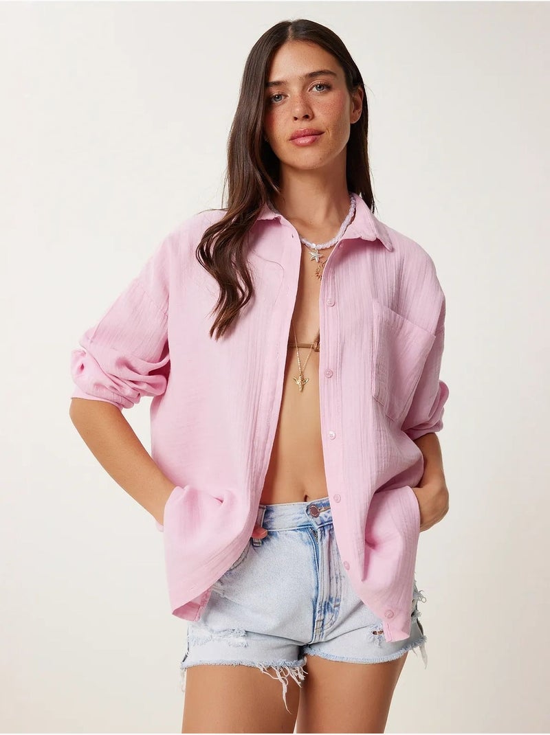 Camisa oversize em algodão texturado com bolso istanbul Rosa - Kiabi