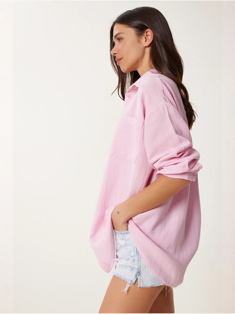 Camisa oversize em algodão texturado com bolso istanbul Rosa - Kiabi