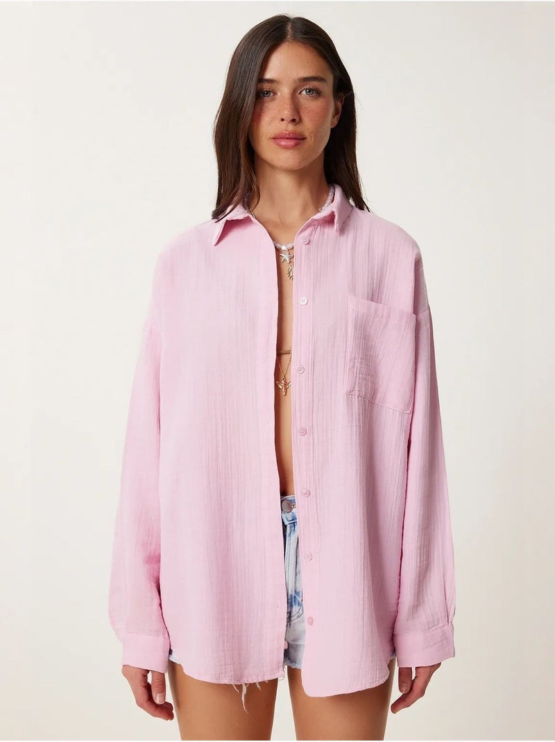 Camisa oversize em algodão texturado com bolso istanbul Rosa - Kiabi