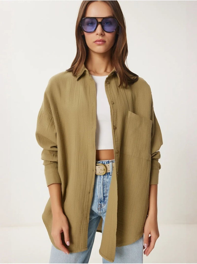 Camisa oversize em algodão texturado com bolso istanbul Verde cáqui claro - Kiabi