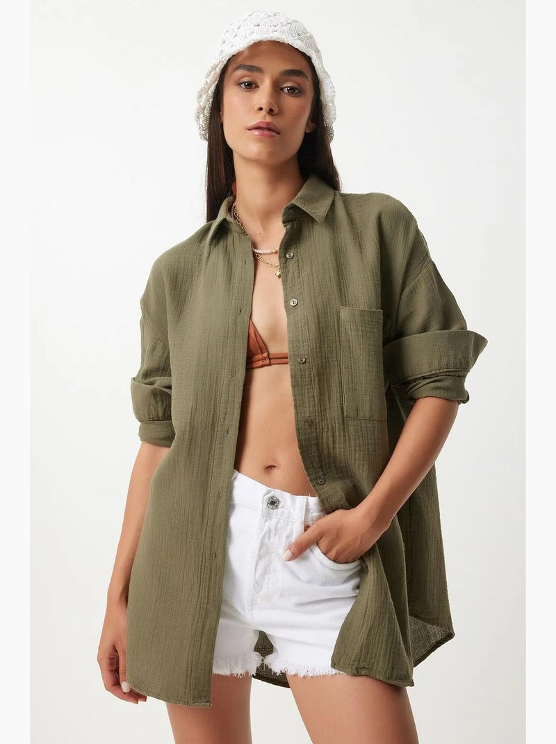 Camisa oversize em algodão texturado com bolso istanbul Verde cáqui - Kiabi