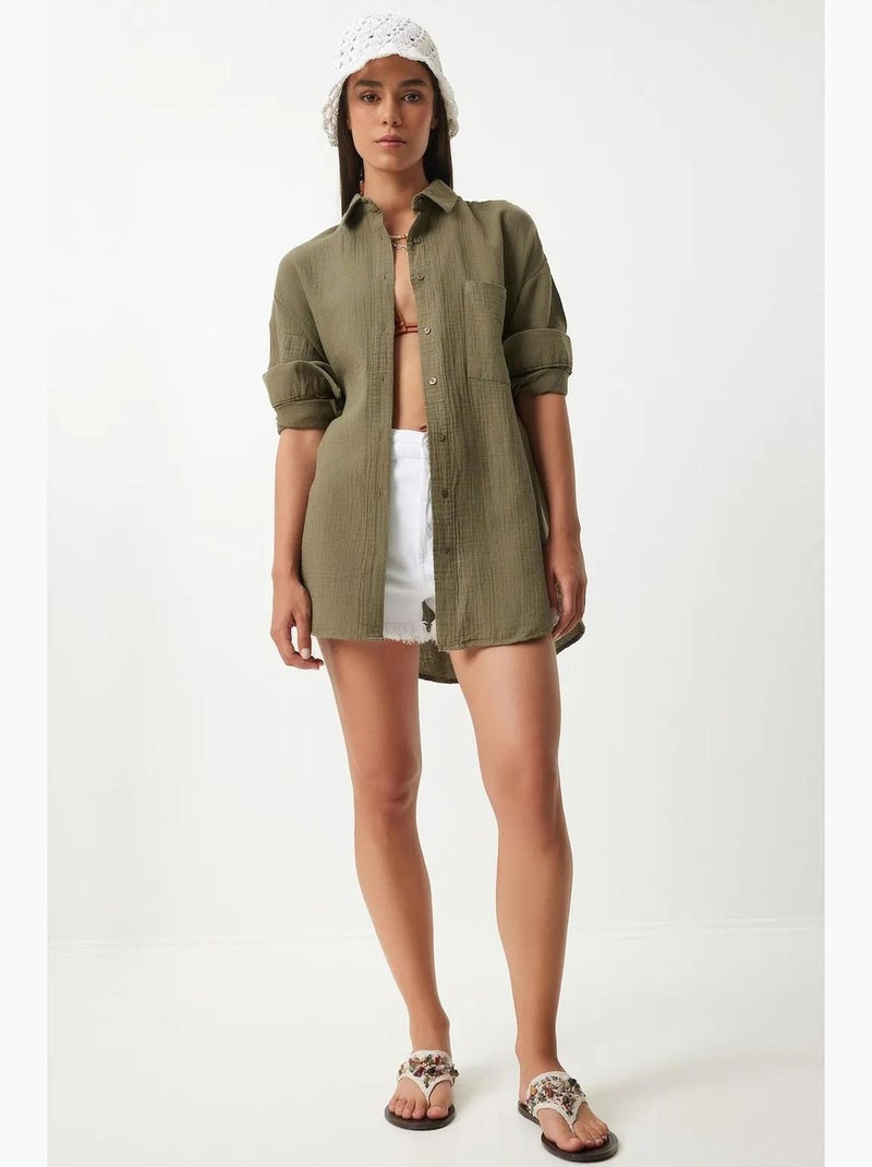 Camisa oversize em algodão texturado com bolso istanbul Verde cáqui - Kiabi