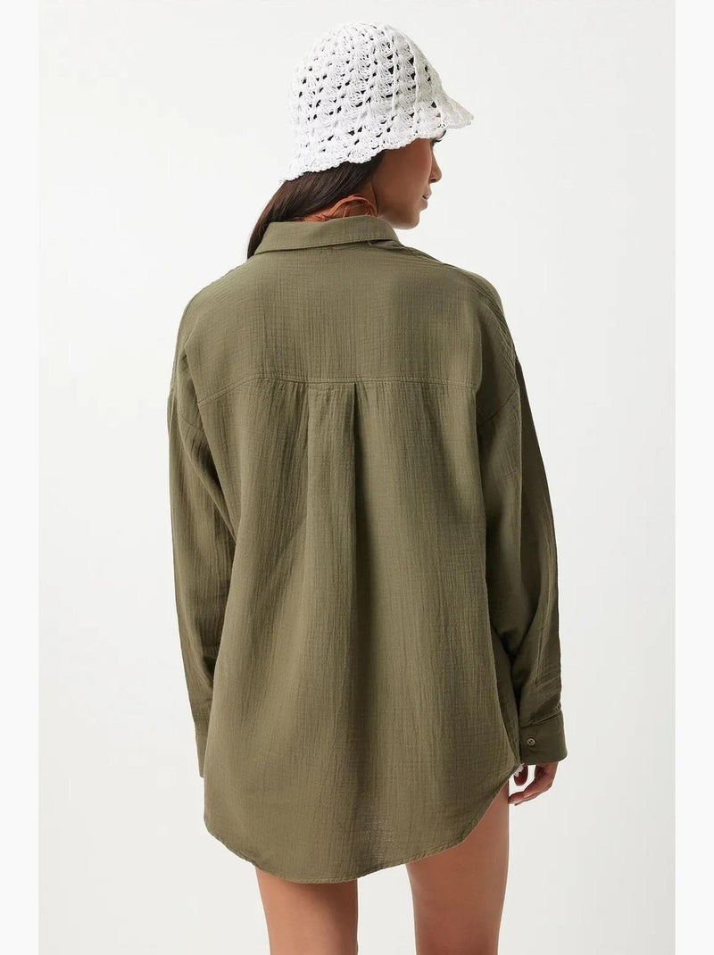 Camisa oversize em algodão texturado com bolso istanbul Verde cáqui - Kiabi