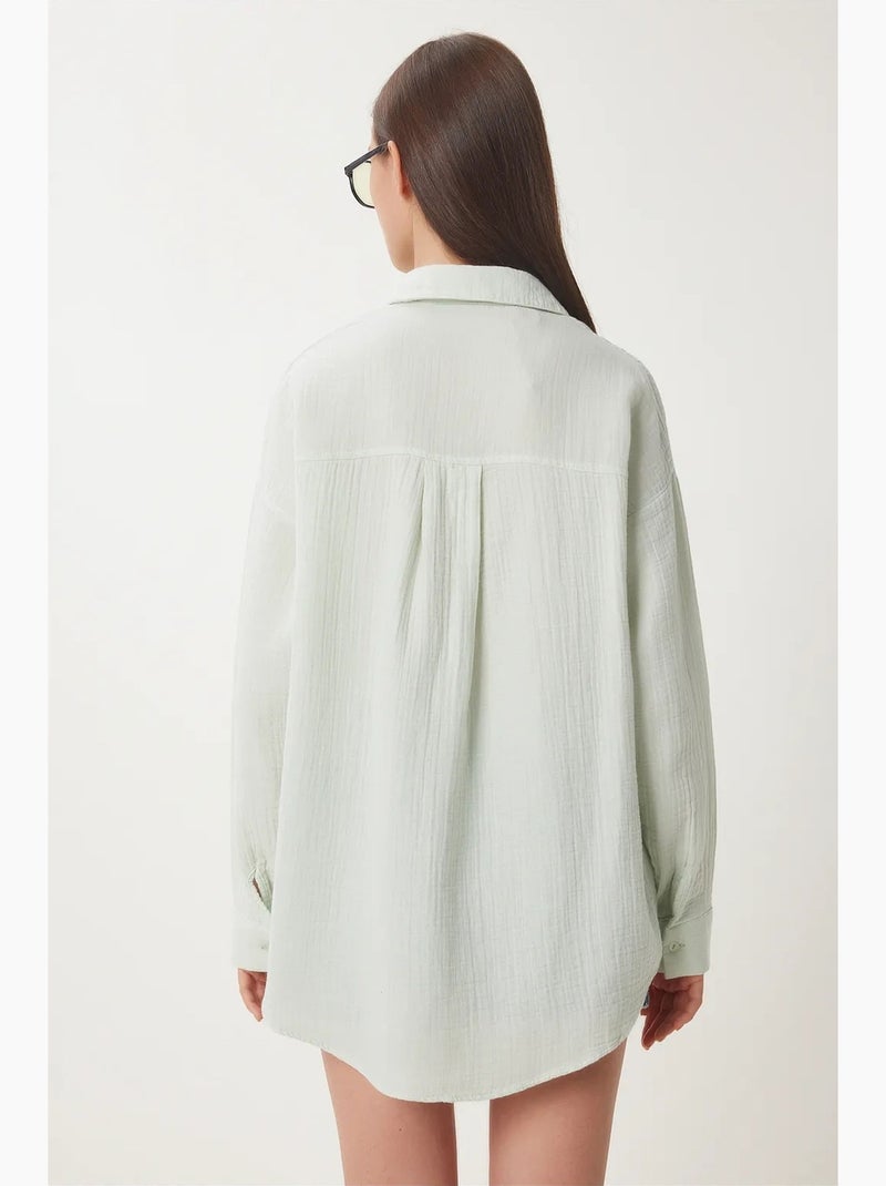 Camisa oversize em algodão texturado com bolso istanbul Verde menta - Kiabi