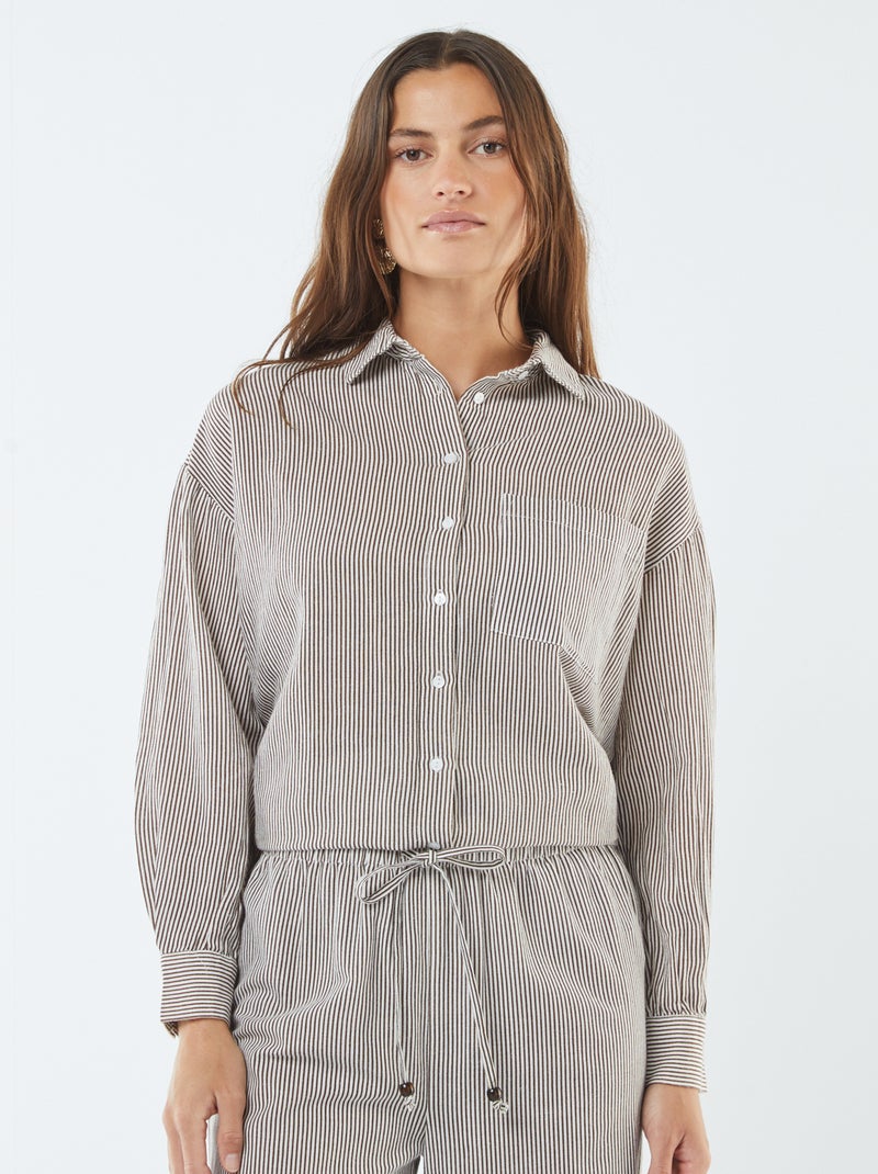 Camisa oversize em linho às riscas Bege - Kiabi