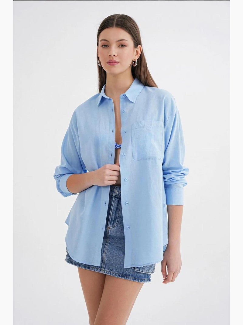 Camisa oversize em mistura de linho mixray Azul-céu - Kiabi