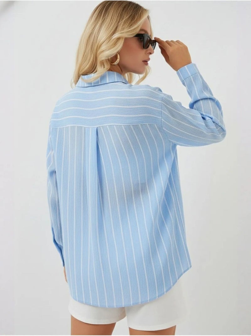 Camisa oversize texturizada às riscas com fecho de botões bdart Azul-céu - Kiabi