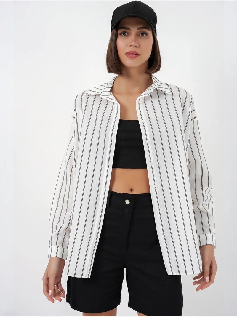 Camisa oversize texturizada às riscas com fecho de botões bdart Branco - Kiabi