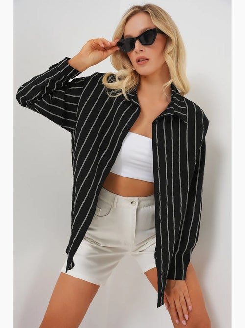 Camisa oversize texturizada às riscas com fecho de botões bdart - Kiabi