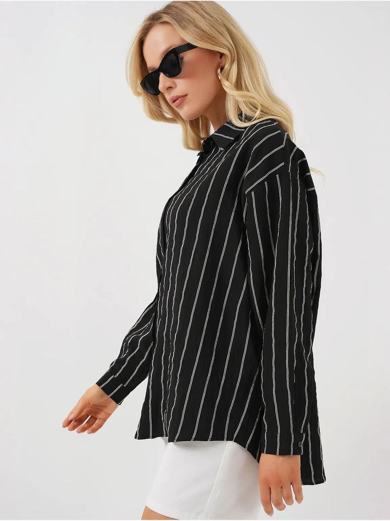 Camisa oversize texturizada às riscas com fecho de botões bdart Preto - Kiabi