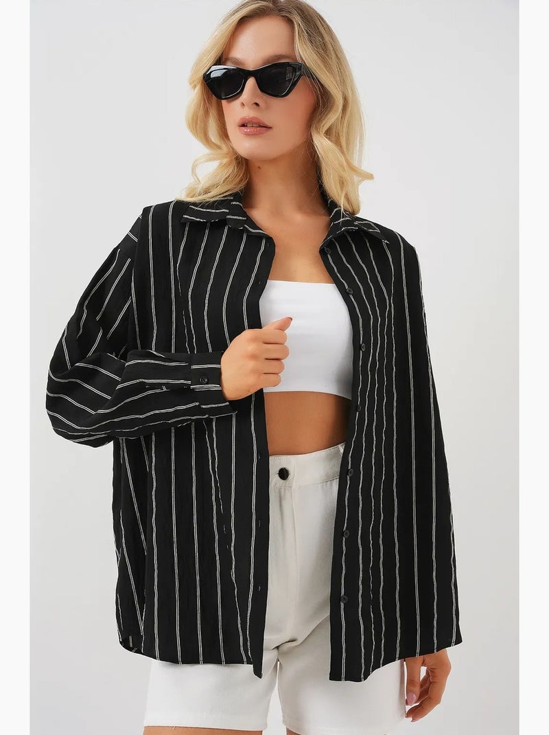 Camisa oversize texturizada às riscas com fecho de botões bdart Preto - Kiabi