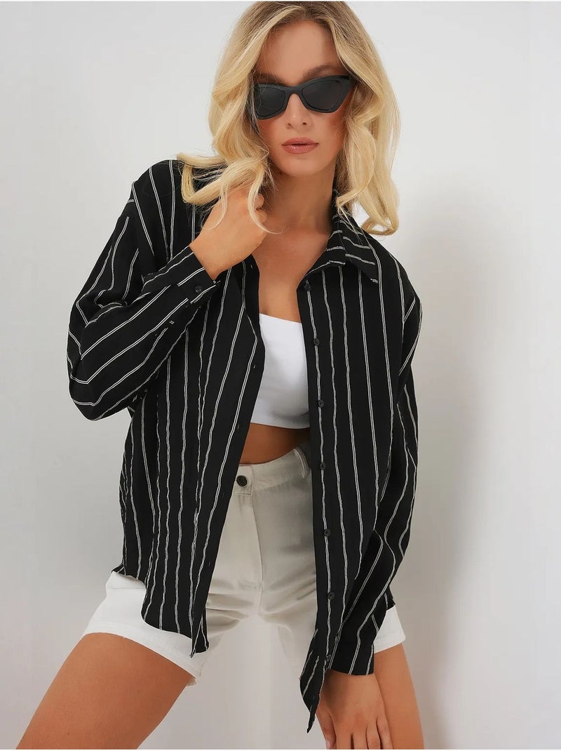 Camisa oversize texturizada às riscas com fecho de botões bdart Preto - Kiabi